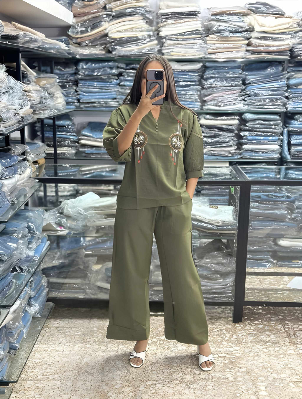 Women Embroidered Cotton Co Ord Set with Wide Leg Pants