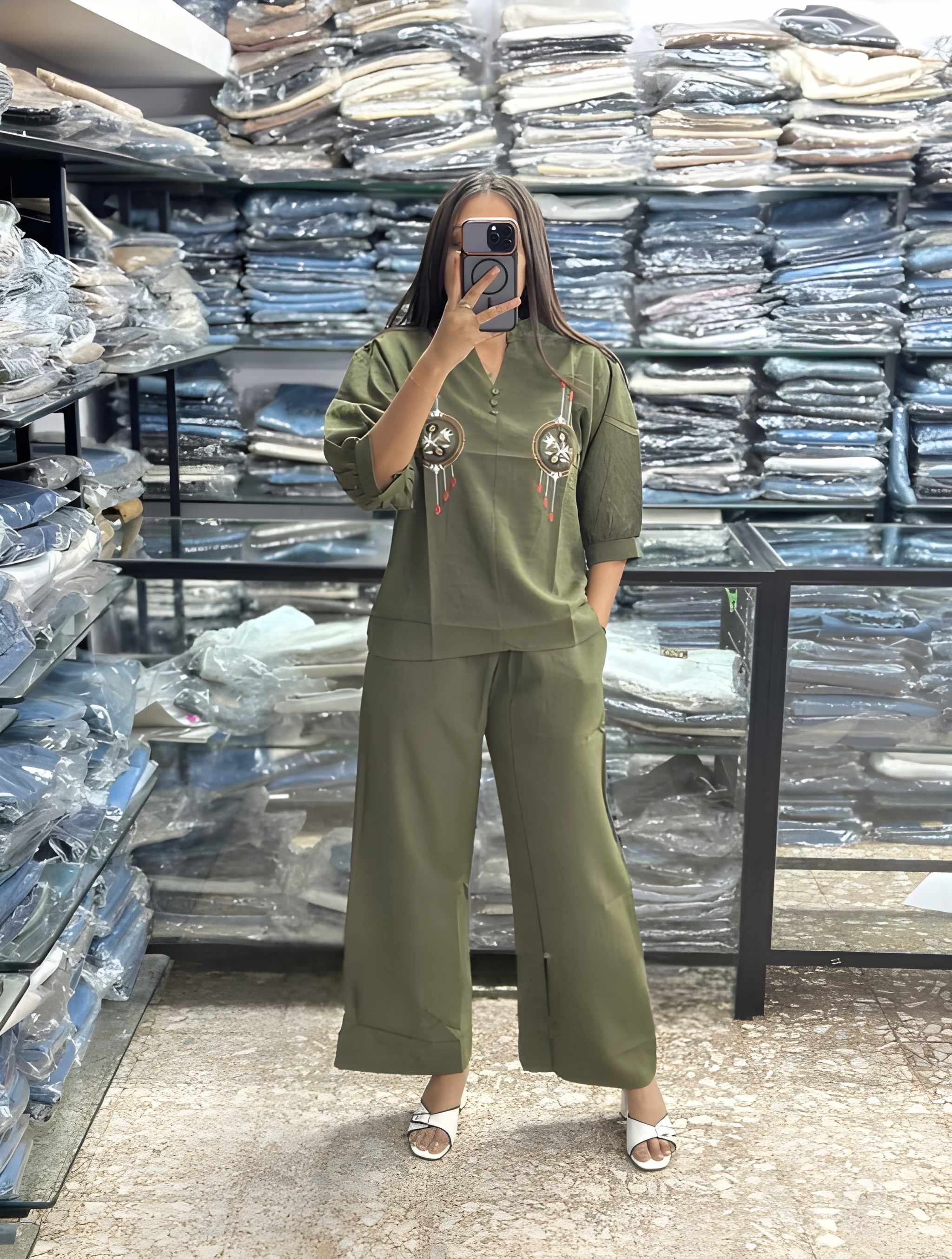 Women Embroidered Cotton Co Ord Set with Wide Leg Pants