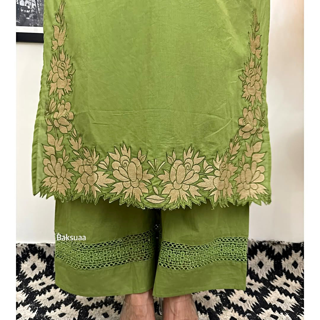 Designer Cotton Embroidered Kurta Set with Dupatta – Leaf Green