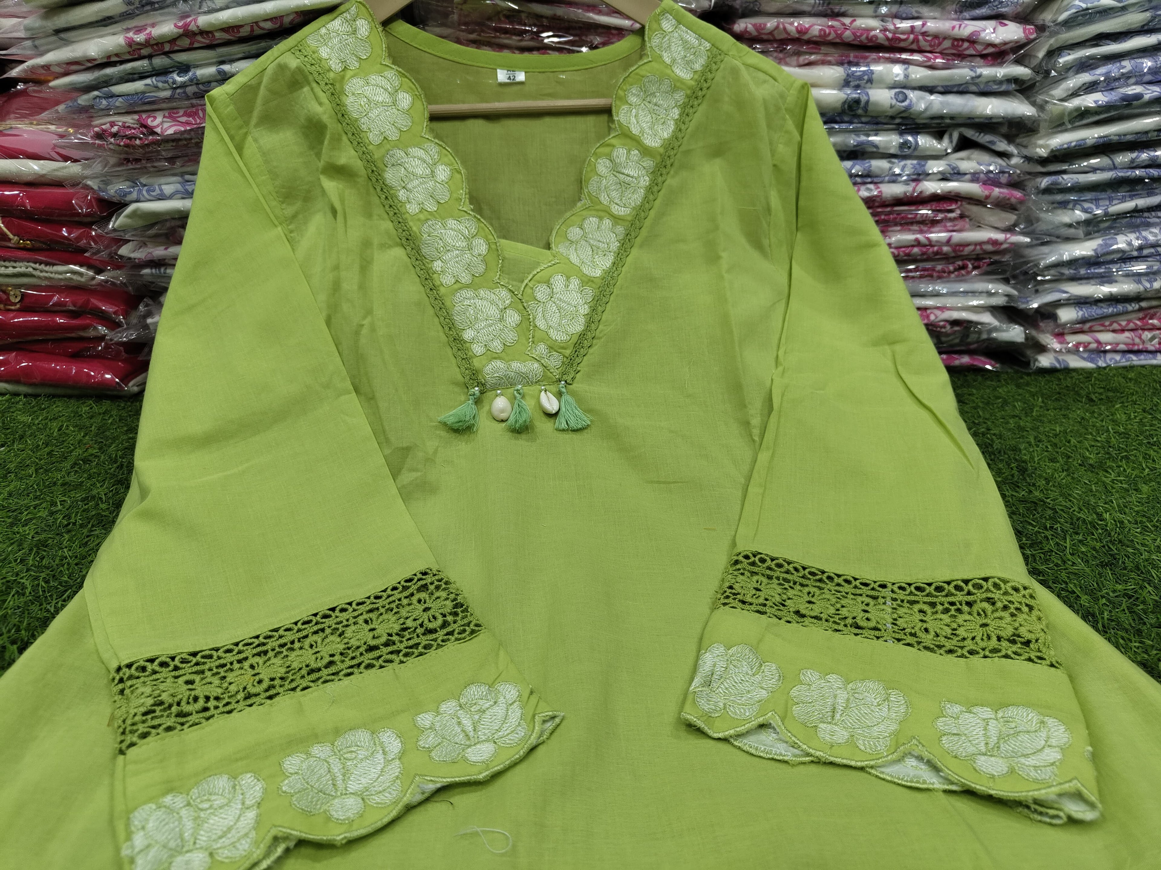 Designer Cotton Embroidered Kurta Set with Dupatta – Leaf Green