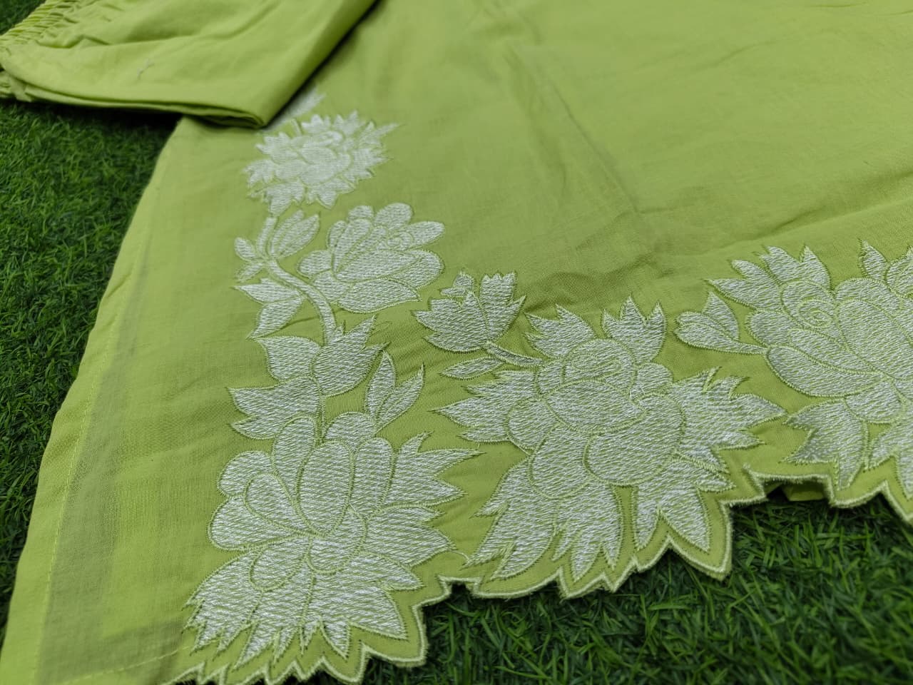 Designer Cotton Embroidered Kurta Set with Dupatta – Leaf Green