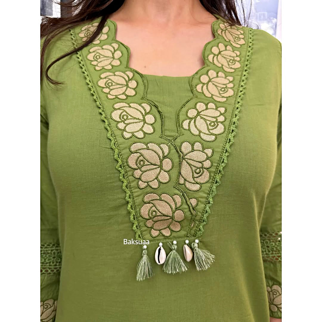 Designer Cotton Embroidered Kurta Set with Dupatta – Leaf Green