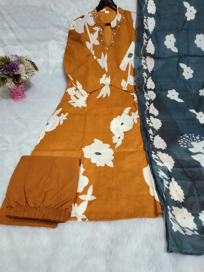 Mustard Pure Cotton Kurti Pant Dupatta Set With Handcrafted Detailing