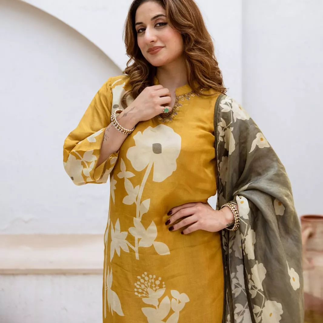 Mustard Pure Cotton Kurti Pant Dupatta Set With Handcrafted Detailing