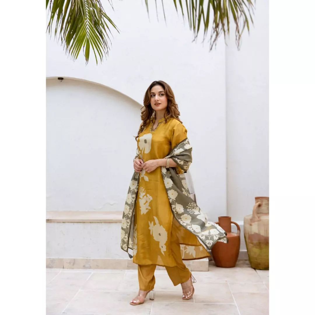 Mustard Pure Cotton Kurti Pant Dupatta Set With Handcrafted Detailing