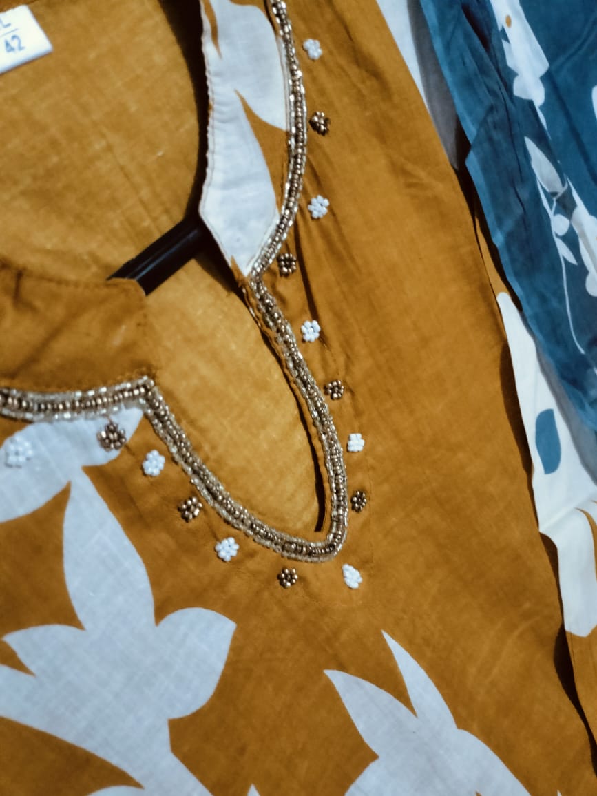 Mustard Pure Cotton Kurti Pant Dupatta Set With Handcrafted Detailing