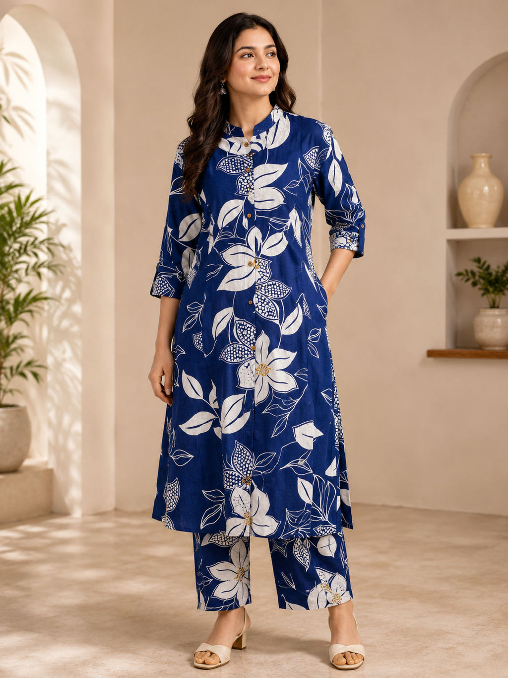 Premium Women's Pure Cotton Floral Printed A-Line Co-ord Set with Palazzo Pants