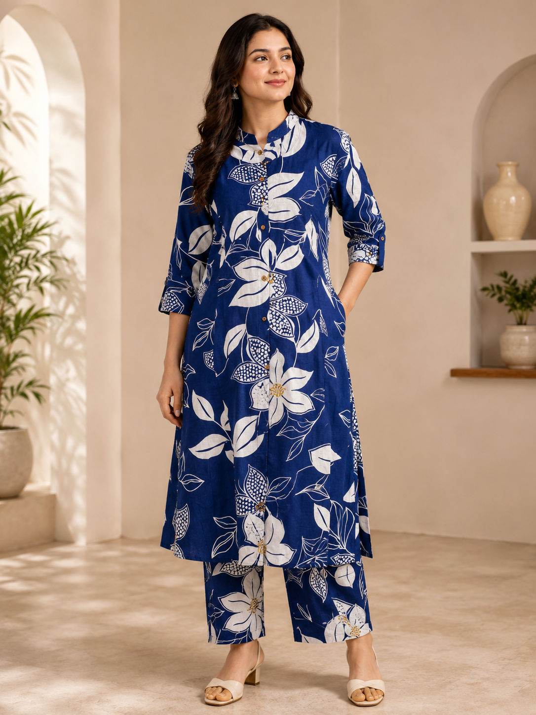 Premium Women's Pure Cotton Floral Printed A-Line Co-ord Set with Palazzo Pants
