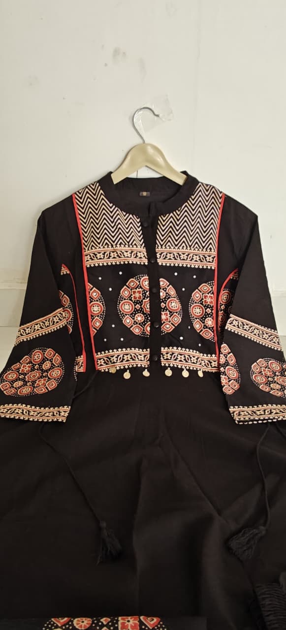 Women's Printed Cotton Anarkali Kurta Pant Dupatta Set with Sequence Katha Work