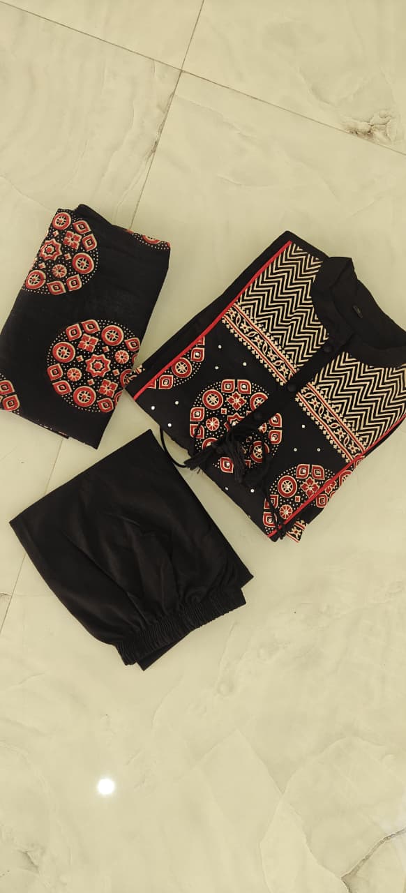 Women's Printed Cotton Anarkali Kurta Pant Dupatta Set with Sequence Katha Work