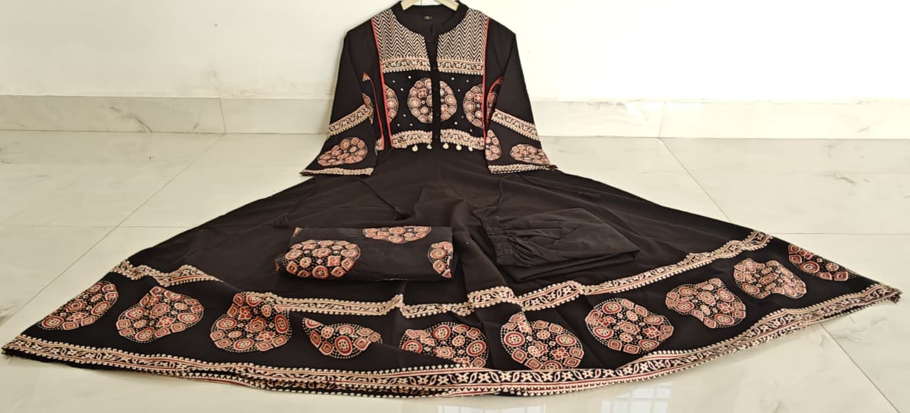 Women's Printed Cotton Anarkali Kurta Pant Dupatta Set with Sequence Katha Work