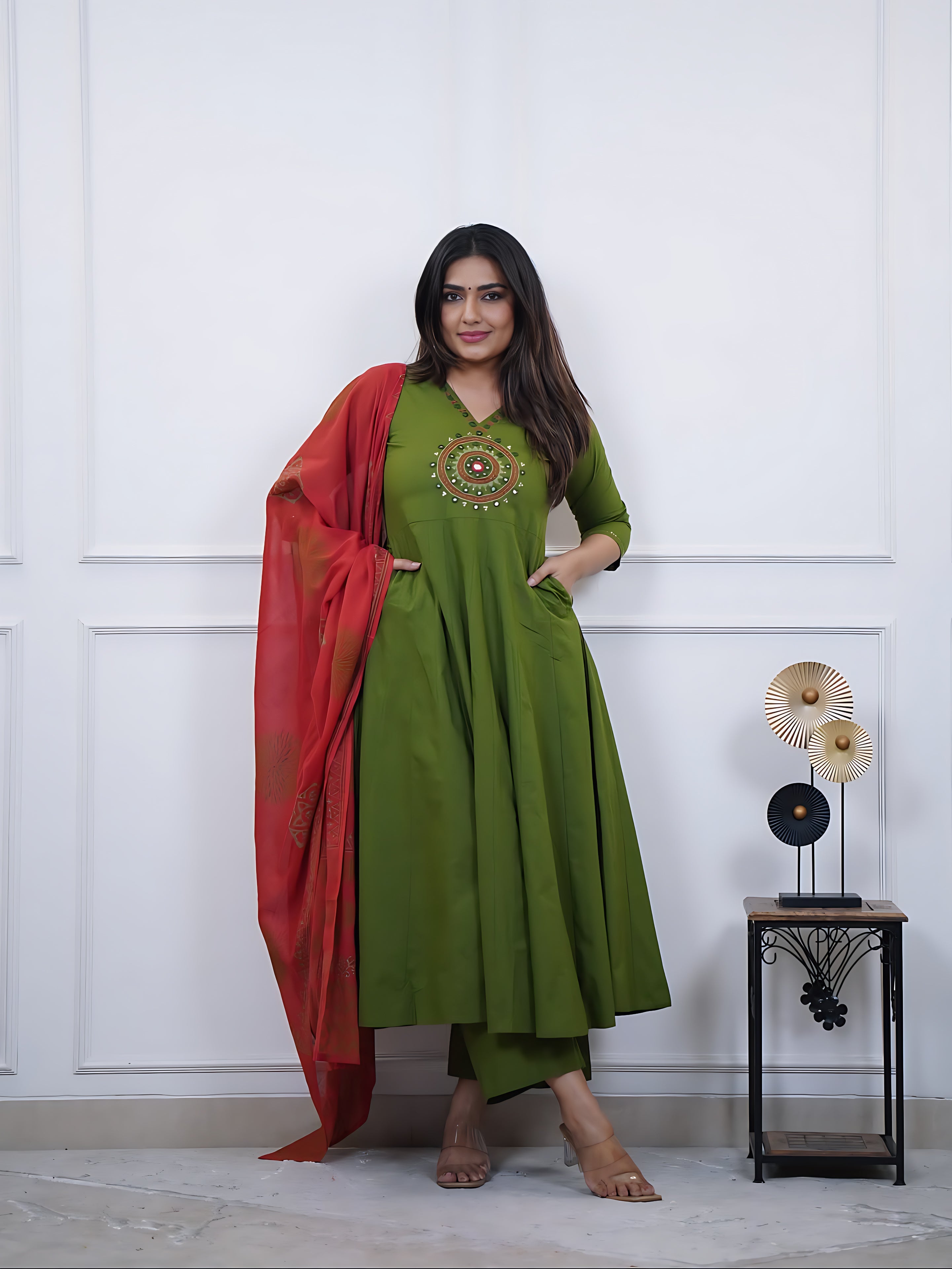 Festive Mirror-Embellished Anarkali Set with Flowing Silhouette and Coordinated Pants — Premium Three-Piece Occasion Ensemble