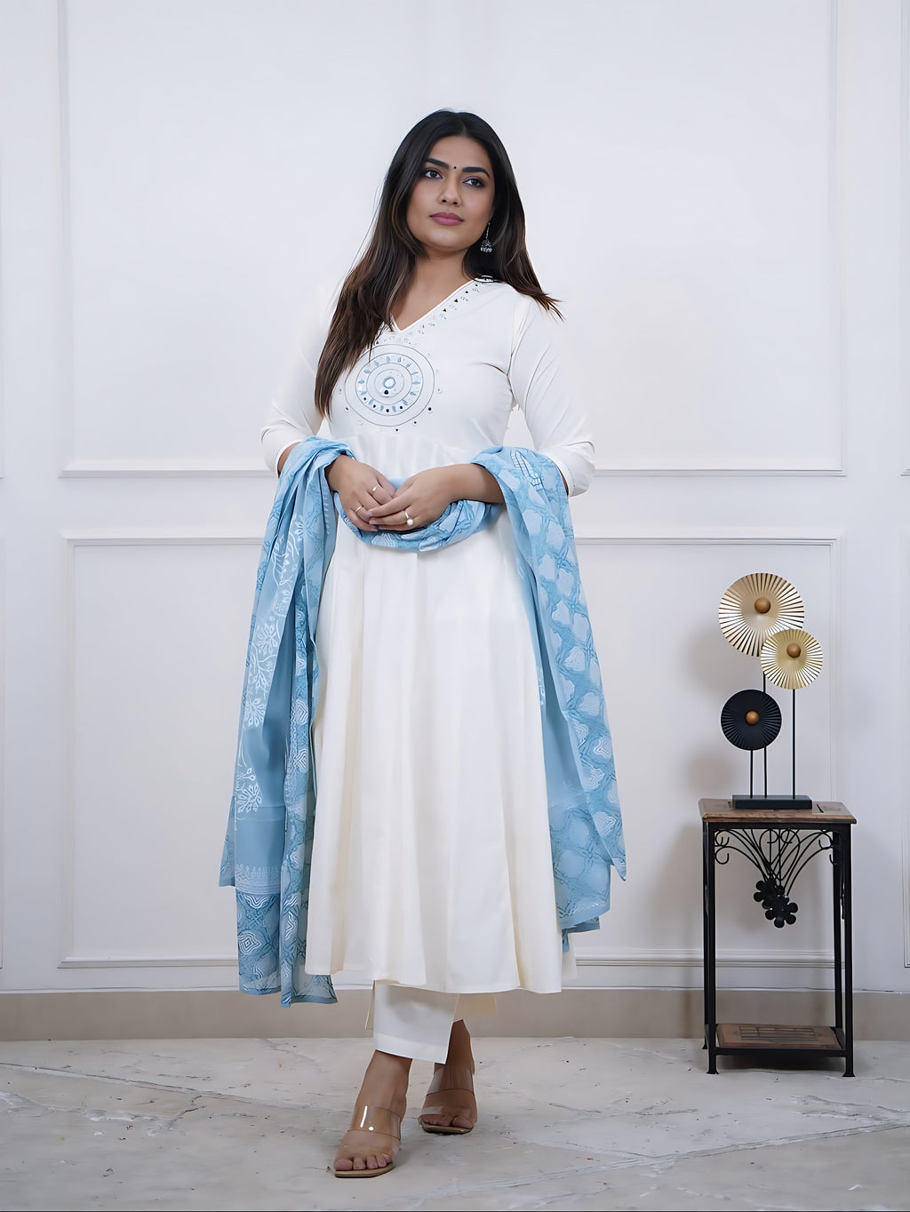 Festive Mirror-Embellished Anarkali Set with Fluid Silhouette and Coordinated Pants
