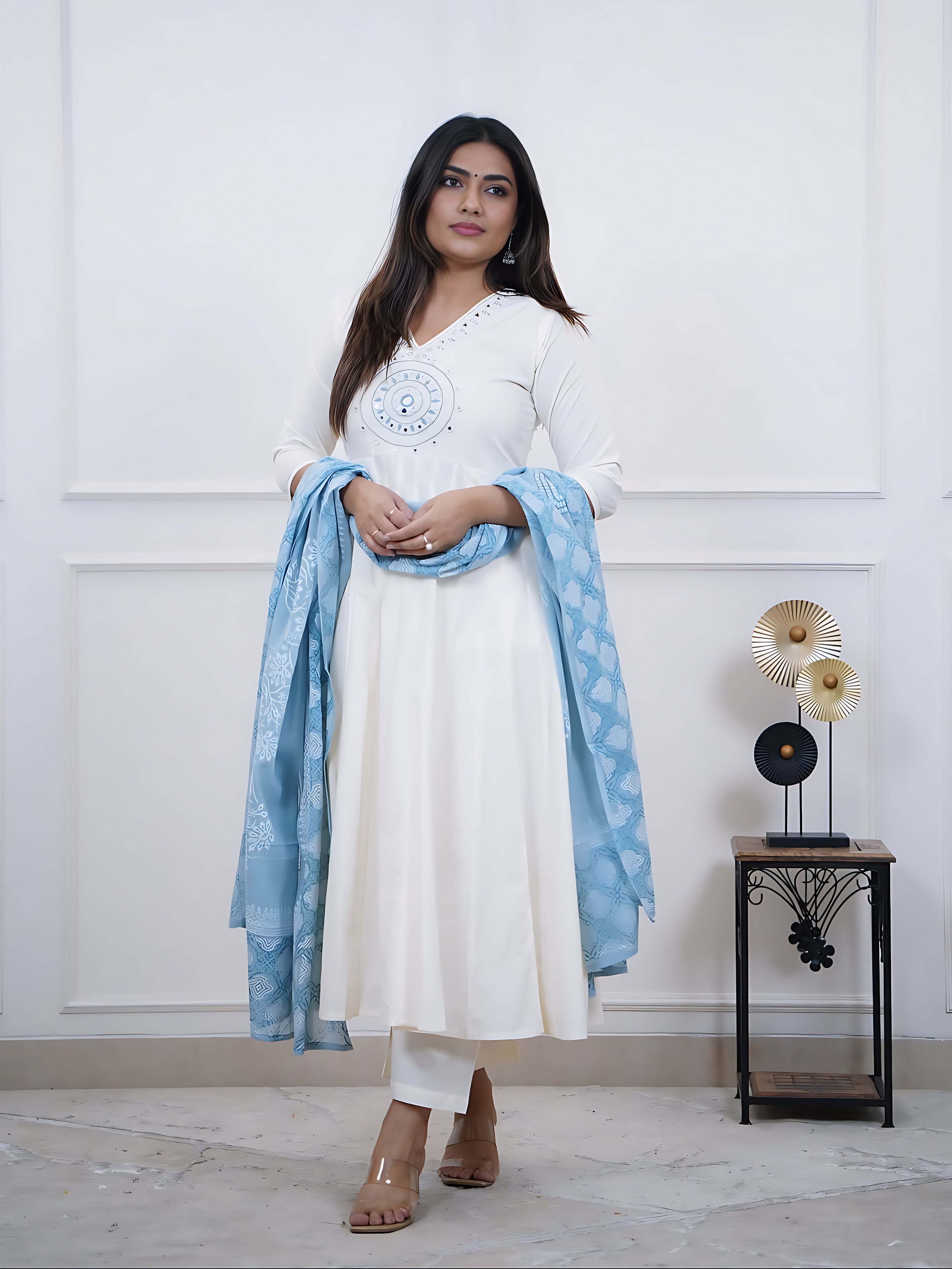 Festive Mirror-Embellished Anarkali Set with Fluid Silhouette and Coordinated Pants
