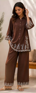 Women Premium Cotton Co-Ord Set with Embroidered Shirt Style Top and Palazzo Pants