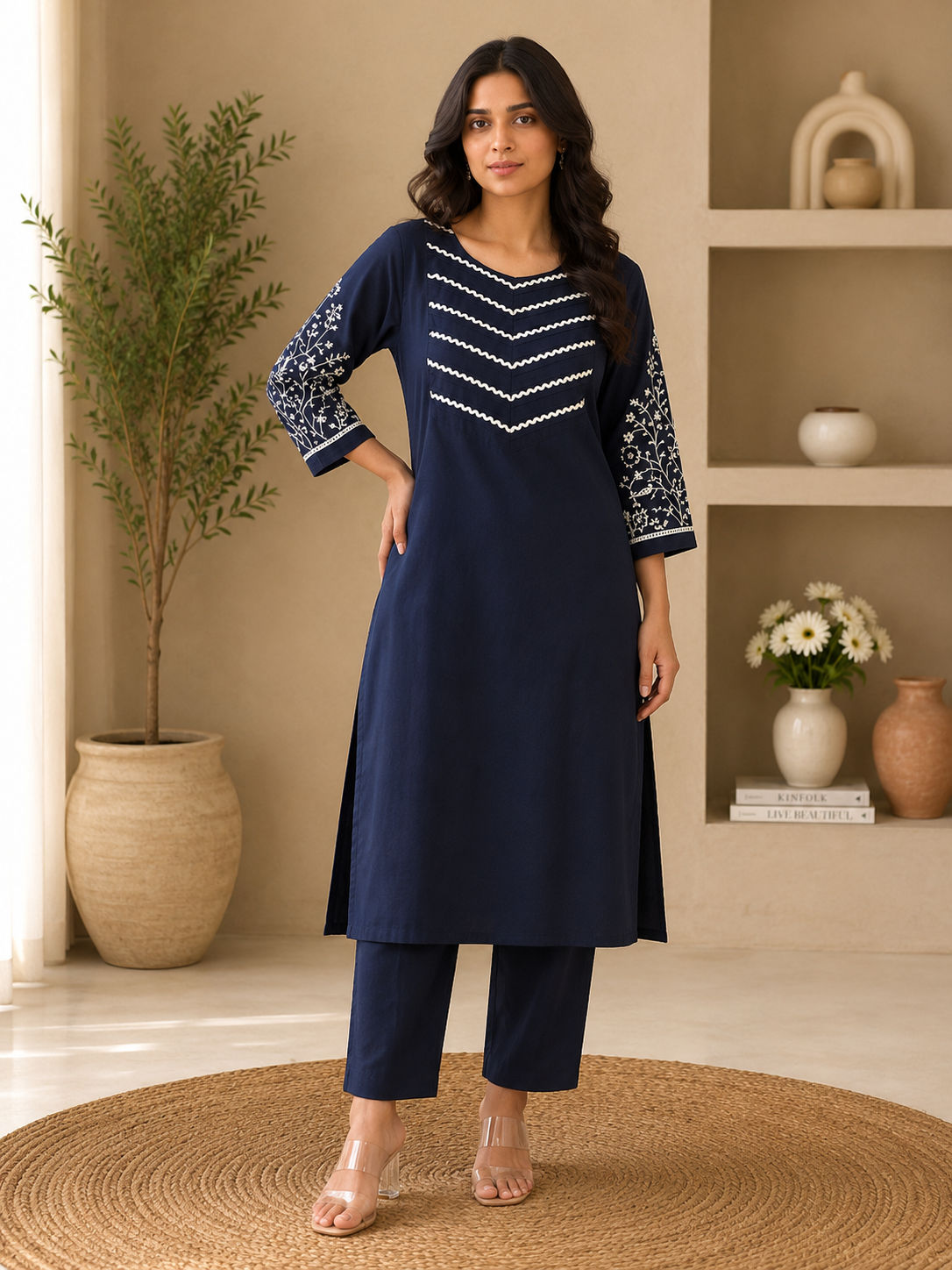 Premium Women's Cotton Embroidered Straight Kurta Pant Set with Pintuck Detailing