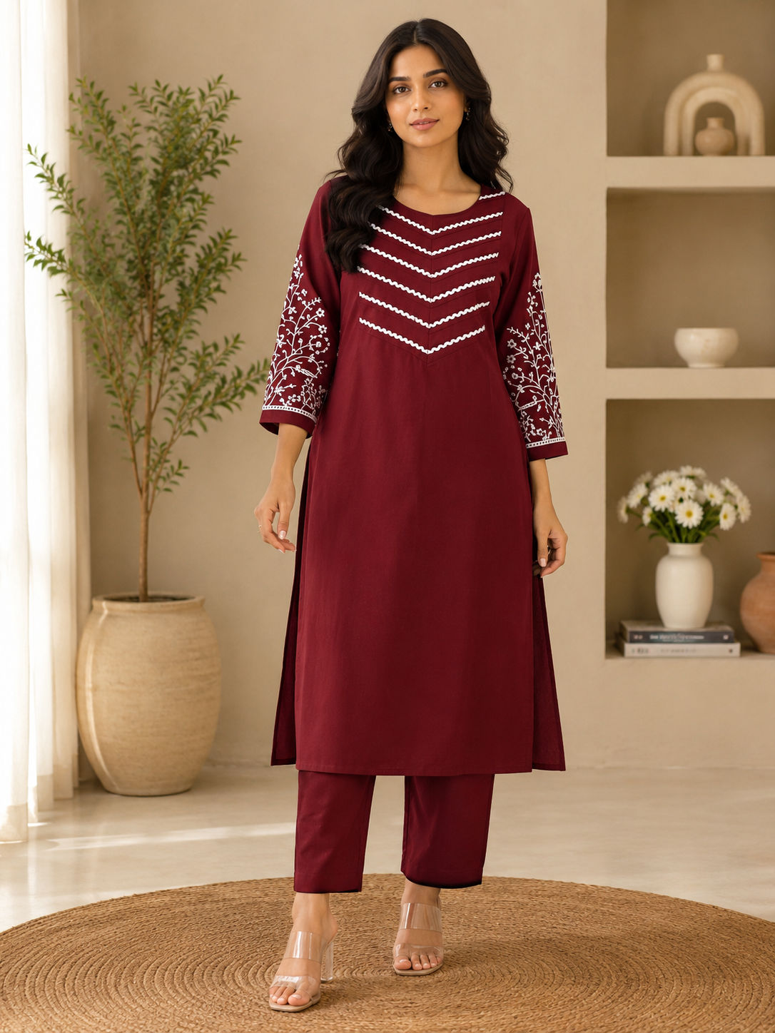Premium Women's Cotton Embroidered Straight Kurta Pant Set with Pintuck Detailing