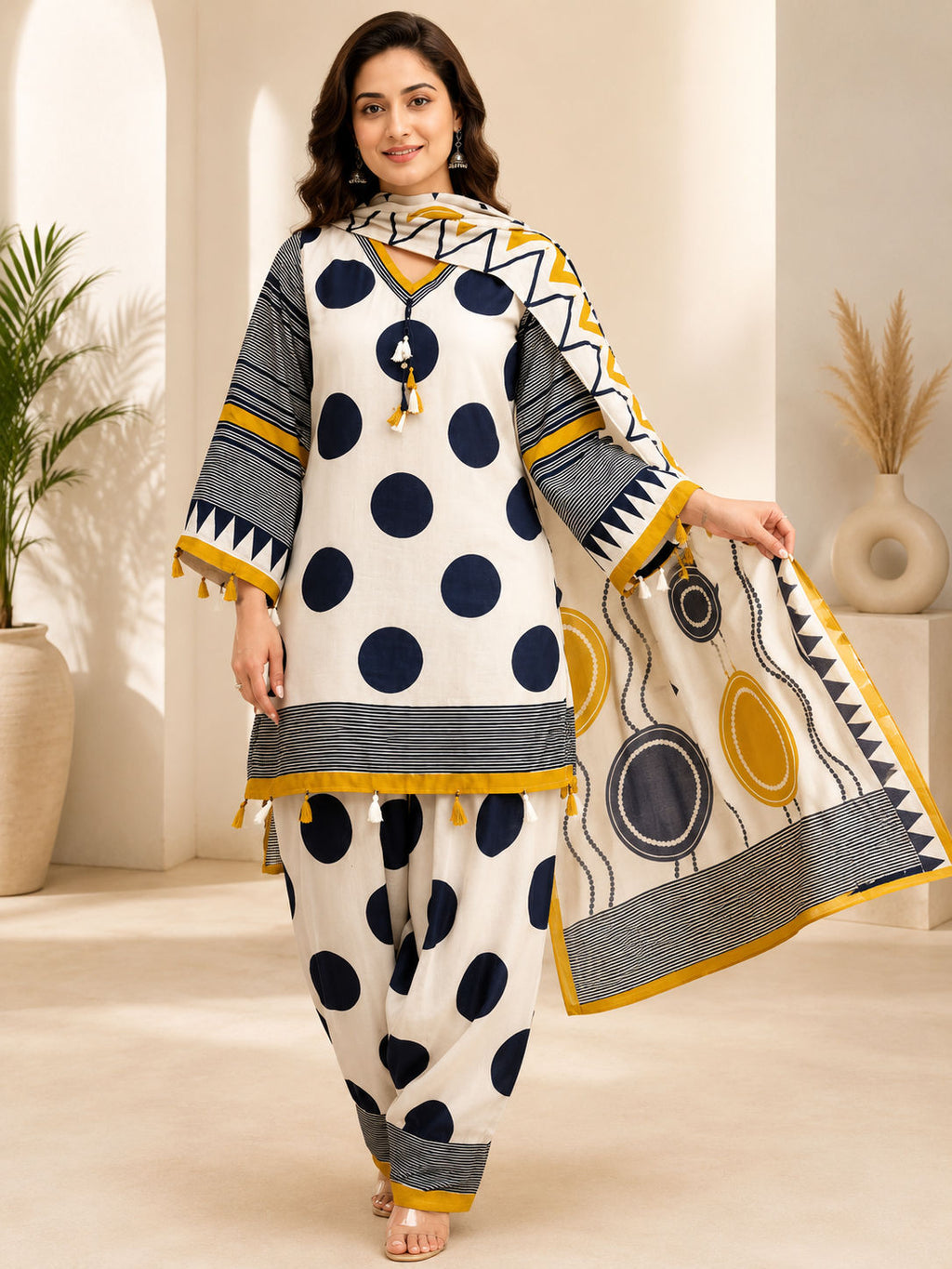 Premium Women's Printed Cotton Kurta Pant & Dupatta Set with Tassel Detail