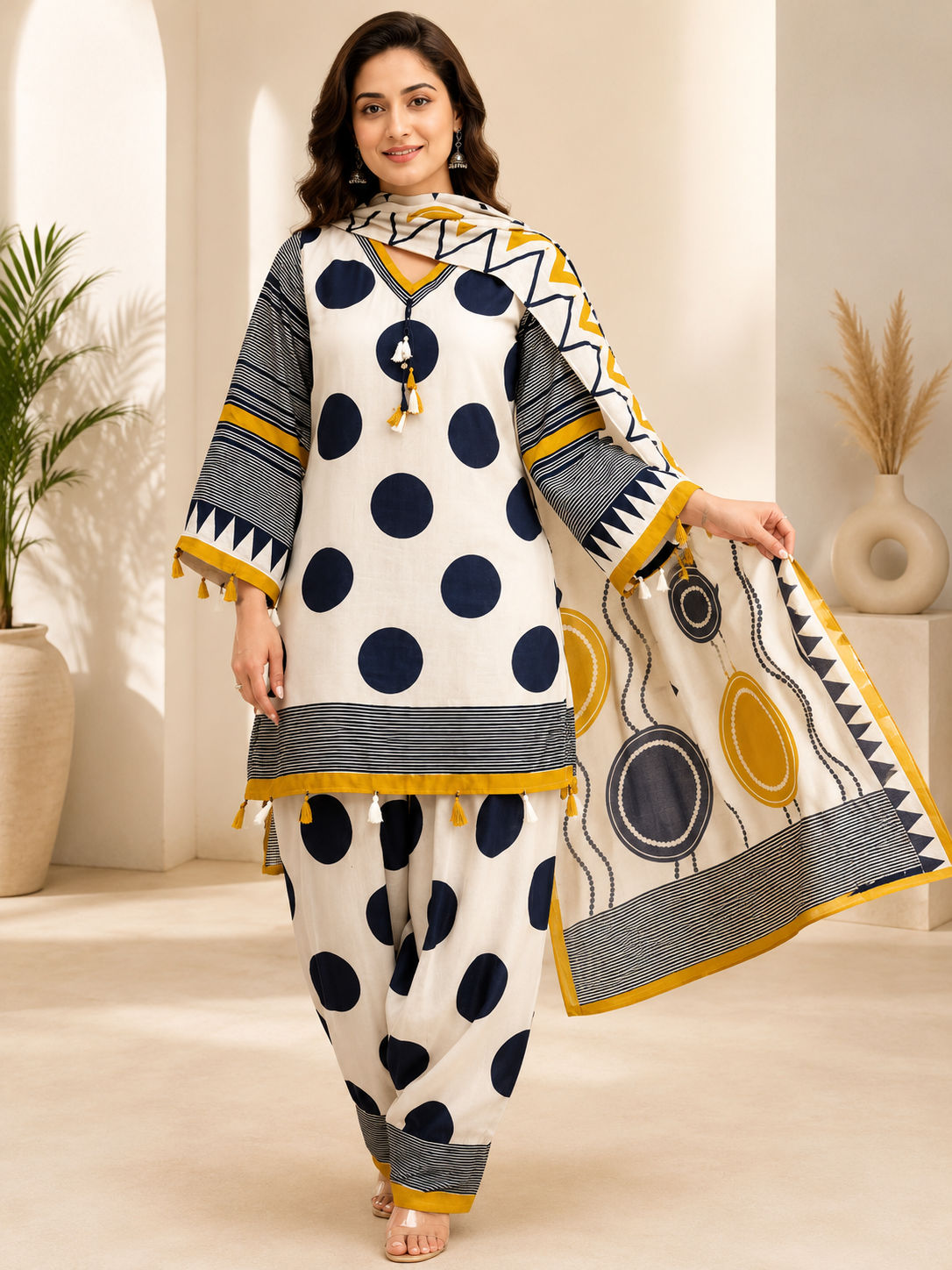 Premium Women's Printed Cotton Kurta Pant & Dupatta Set with Tassel Detail