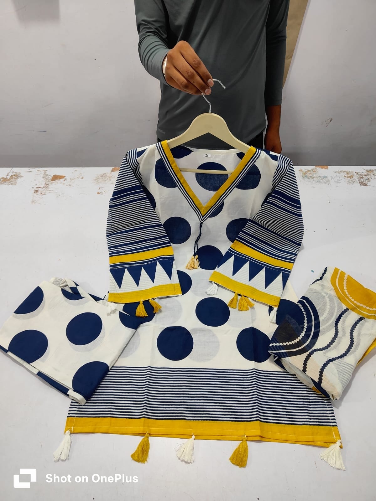 Premium Women's Printed Cotton Kurta Pant & Dupatta Set with Tassel Detail