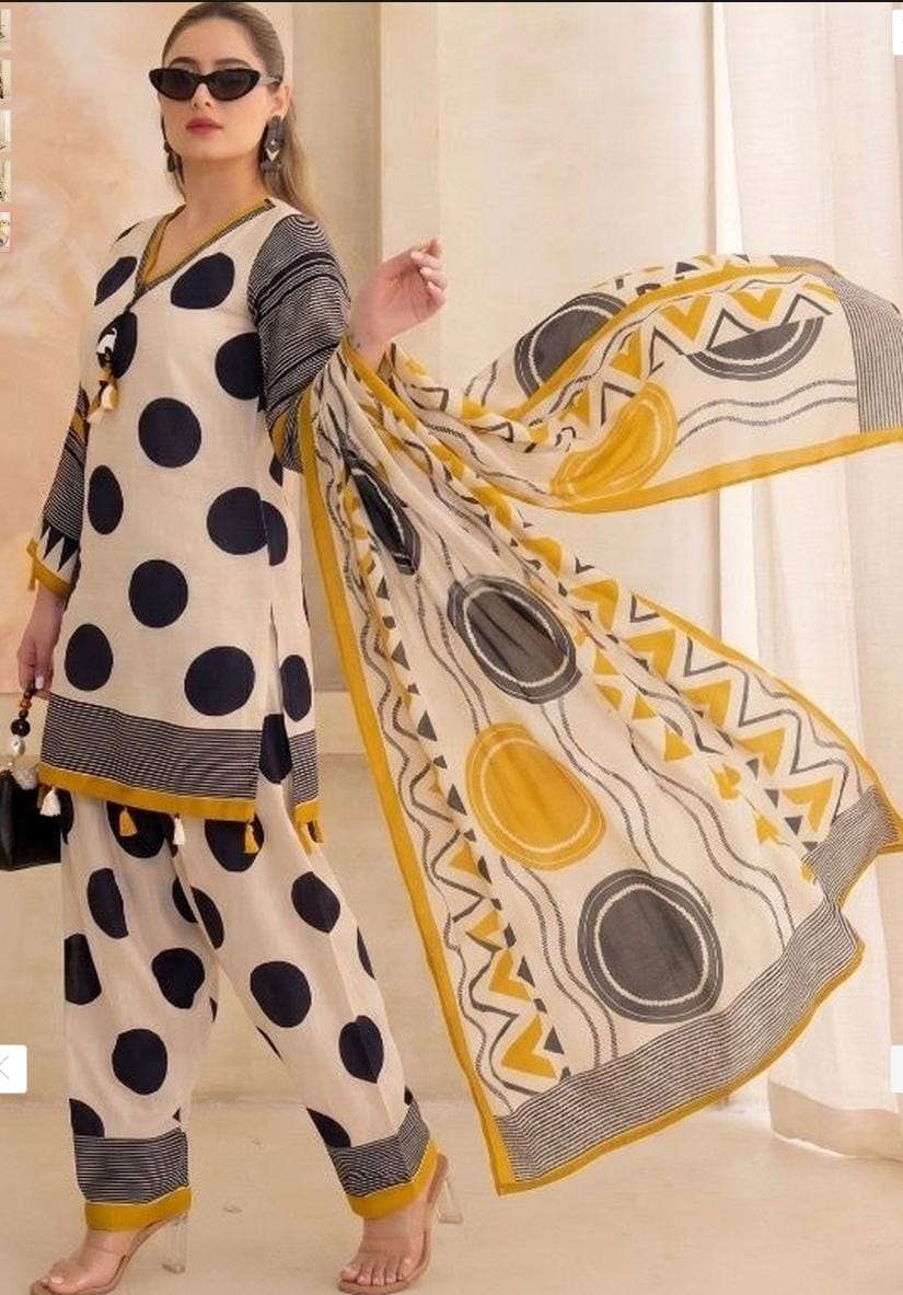 Premium Women's Printed Cotton Kurta Pant & Dupatta Set with Tassel Detail