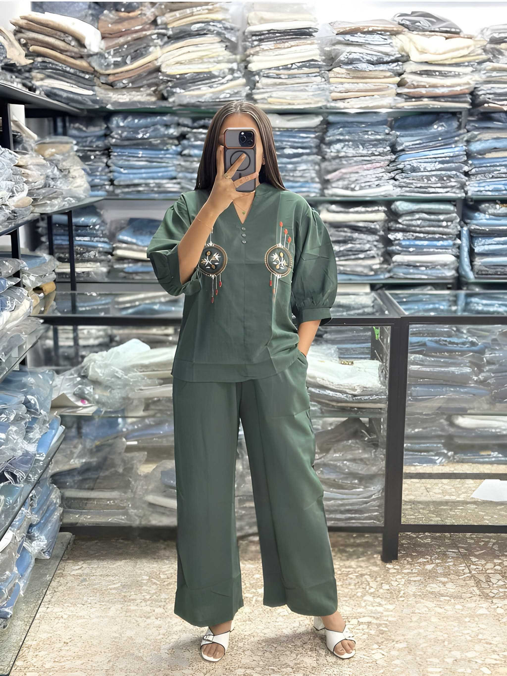 Women Embroidered Cotton Co Ord Set with Wide Leg Pants
