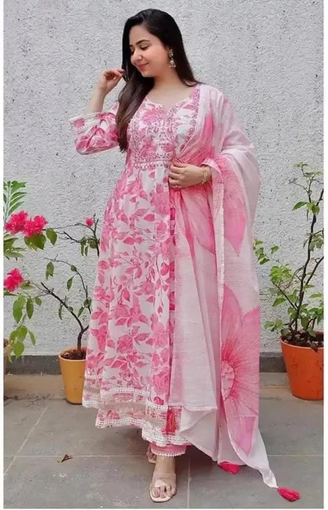 Womens Fashionable Printed Kurti Set with Dupatta & Pants  Elegant Pink Ensemble