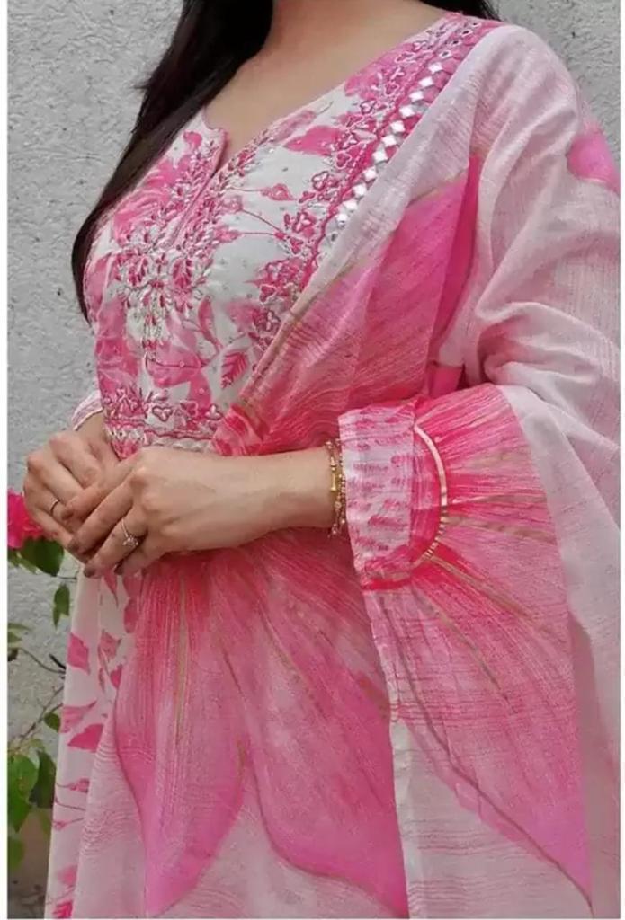 Womens Fashionable Printed Kurti Set with Dupatta & Pants  Elegant Pink Ensemble