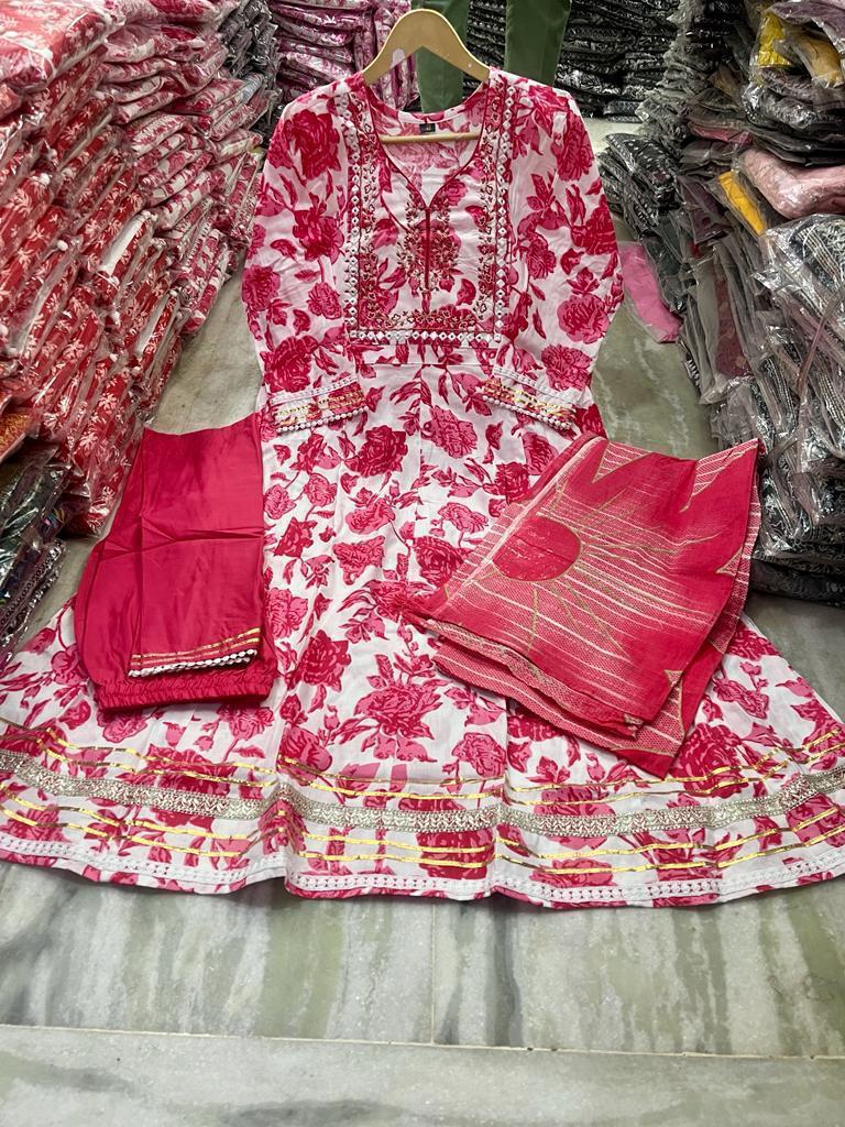 Womens Fashionable Printed Kurti Set with Dupatta & Pants  Elegant Pink Ensemble