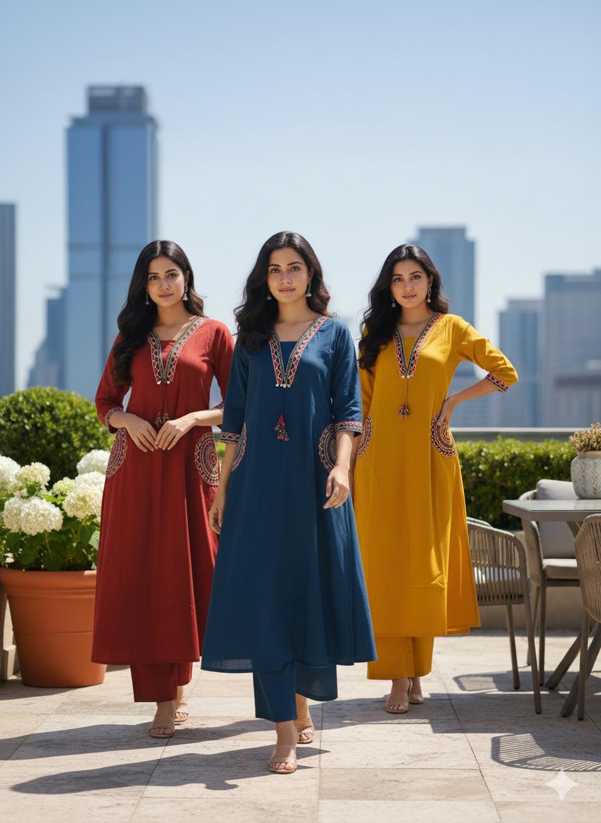 Women Premium Cotton Flex Kurta Palazzo Set with Embroidered Ethnic Detailing