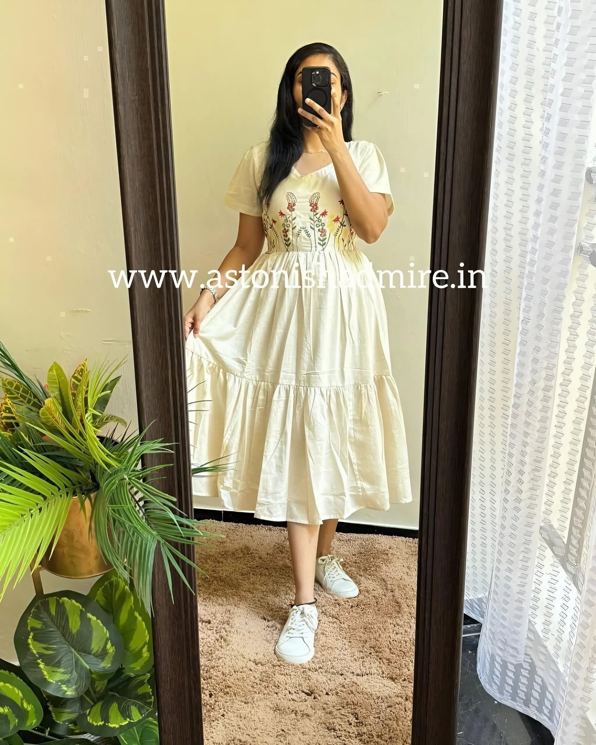 Elegant Embroidered Midi Kurti with Puff Sleeves | Cotton Flex Comfort
