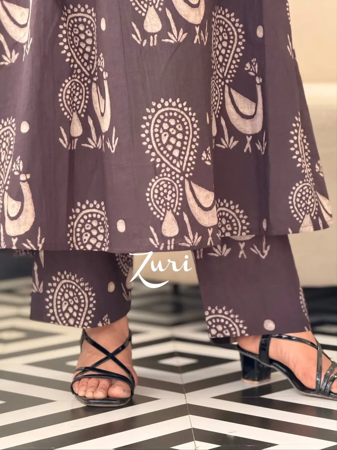 Premium Women's Pure Cotton Rajasthani Peacock Print Kaftan Style Kurti Pant Co-Ord Set