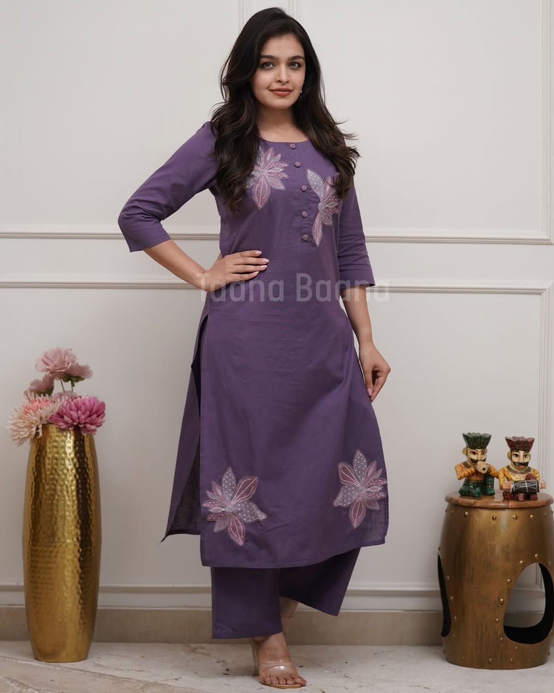Women Premium Cotton Flex Kurta Set with Pants Embroidered Detail Straight Ethnic Co-Ord Set