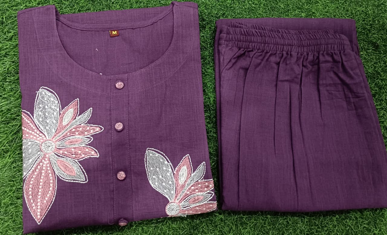 Women Premium Cotton Flex Kurta Set with Pants Embroidered Detail Straight Ethnic Co-Ord Set
