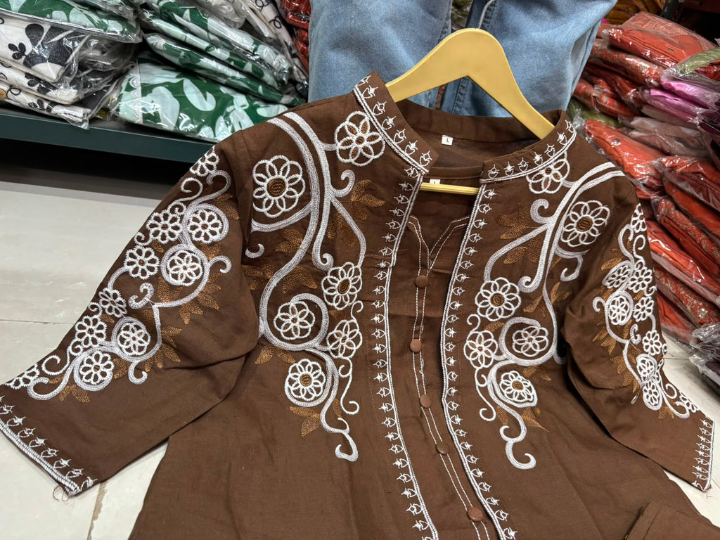 Women's Embroidered Cotton Flex Three Piece Co-Ord Set with Jacket Style Top