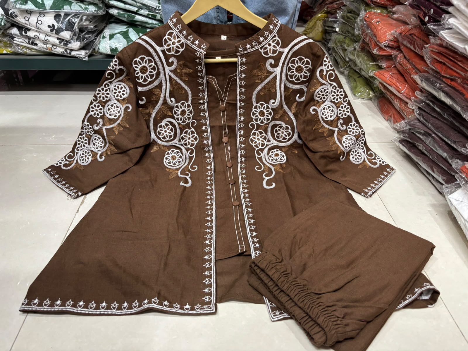 Women's Embroidered Cotton Flex Three Piece Co-Ord Set with Jacket Style Top