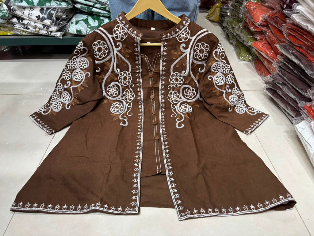 Women's Embroidered Cotton Flex Three Piece Co-Ord Set with Jacket Style Top