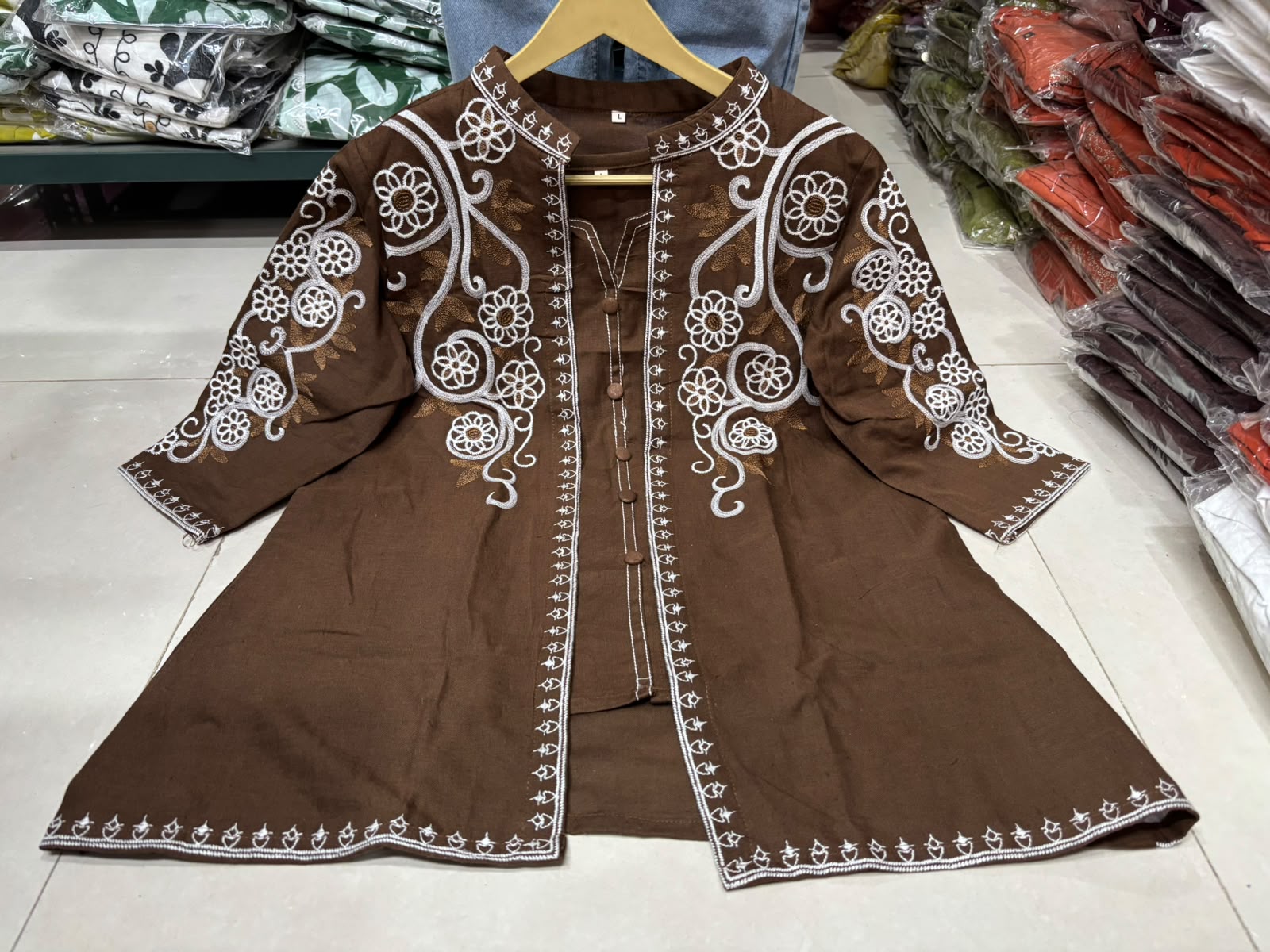 Women's Embroidered Cotton Flex Three Piece Co-Ord Set with Jacket Style Top