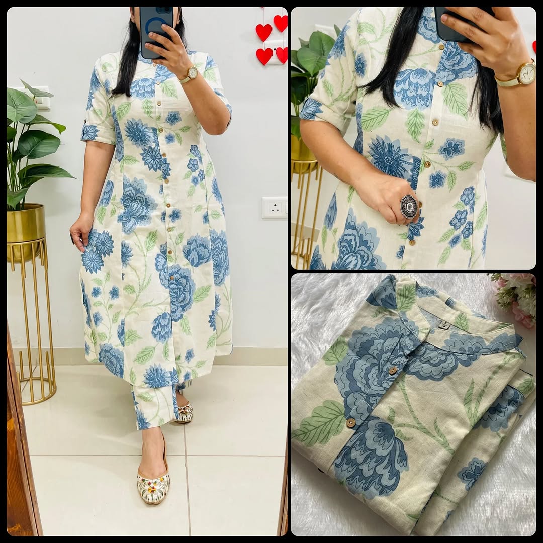 Women Floral Printed Pure Cotton A-Line Co-OBLU Set with Ankle Length Pants