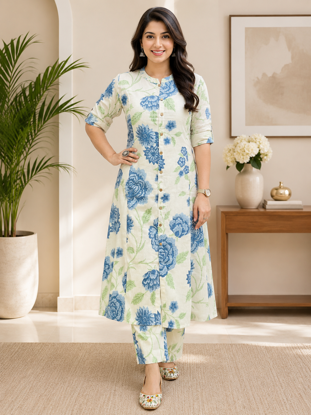 Women Floral Printed Pure Cotton A-Line Co-OBLU Set with Ankle Length Pants