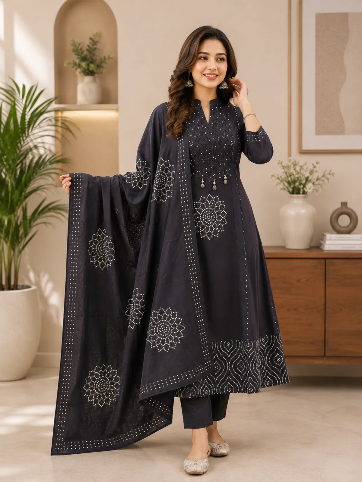 Women's Premium A-Line Cotton Kurta Pant Dupatta Set with Pintex & Adda Work