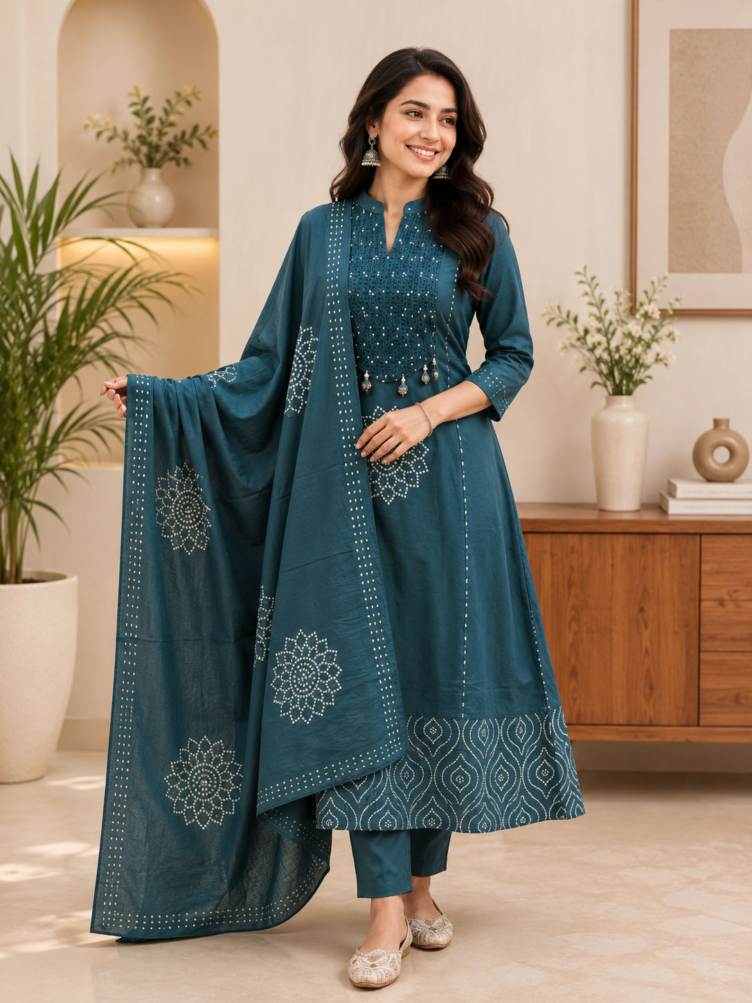 Women's Premium A-Line Cotton Kurta Pant Dupatta Set with Pintex & Adda Work
