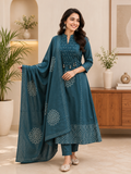 Women's Premium A-Line Cotton Kurta Pant Dupatta Set with Pintex & Adda Work