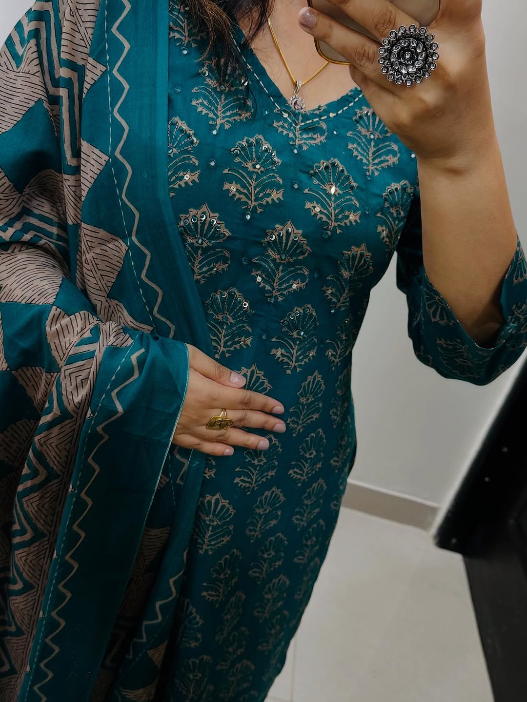 Premium cotton straight kurti set with intricate Jaipuri print and hand-crafted detailing