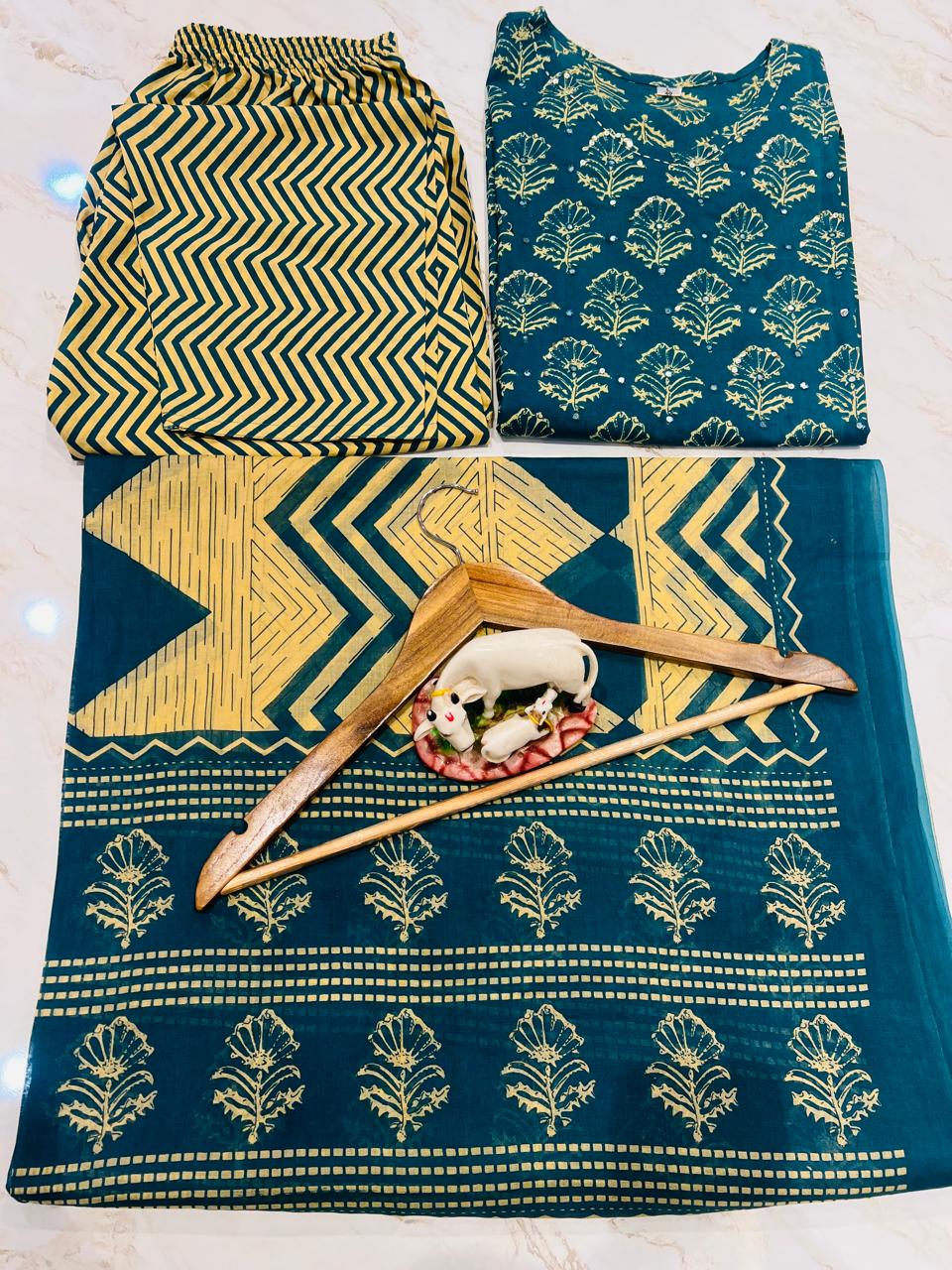 Premium cotton straight kurti set with intricate Jaipuri print and hand-crafted detailing