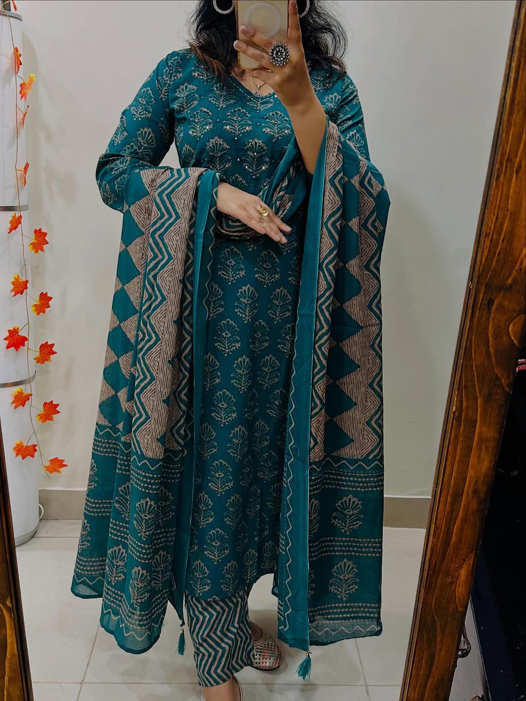 Premium cotton straight kurti set with intricate Jaipuri print and hand-crafted detailing