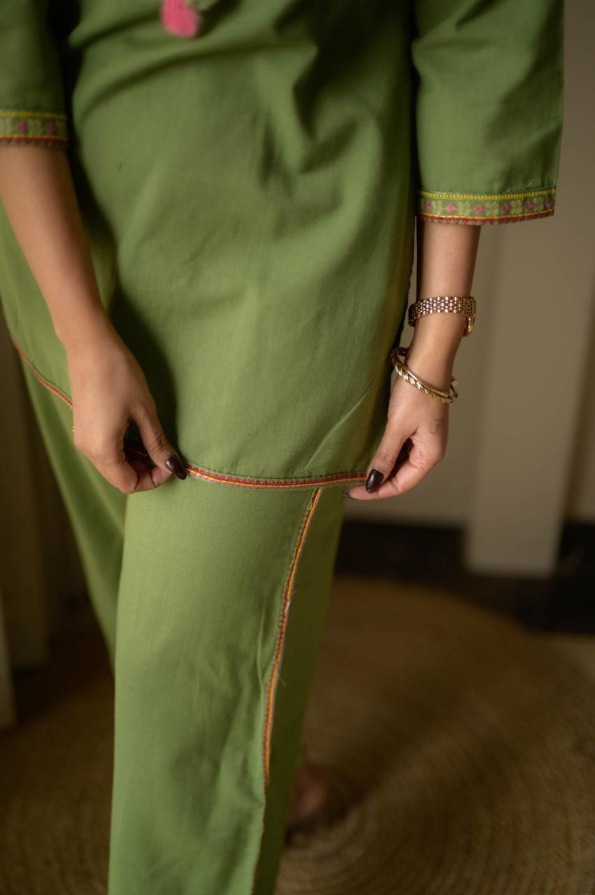 Premium embroidered co-ord set with tassel detailing and coordinated kurti and pant