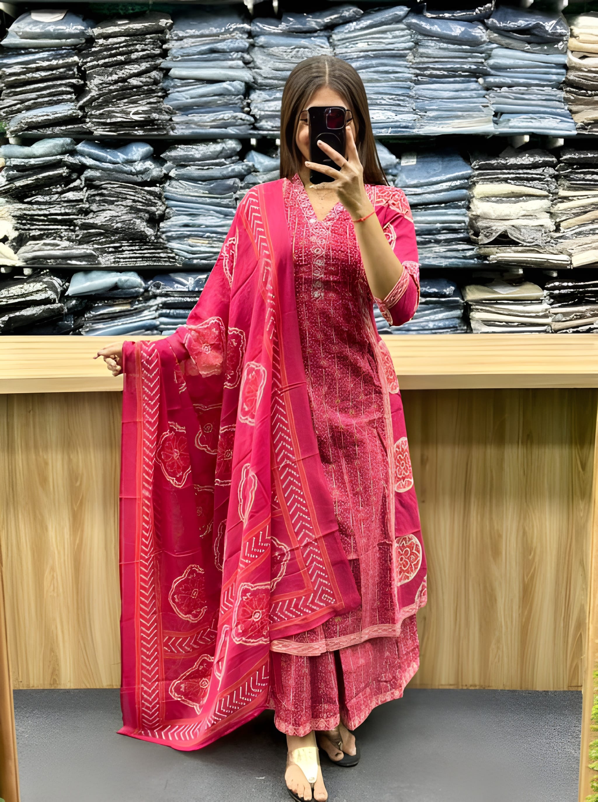 Hand Block Printed Cotton A-Line Plazo Set with Dupatta — Three-Piece Ensemble Featuring Hand Work and Lace Detailing