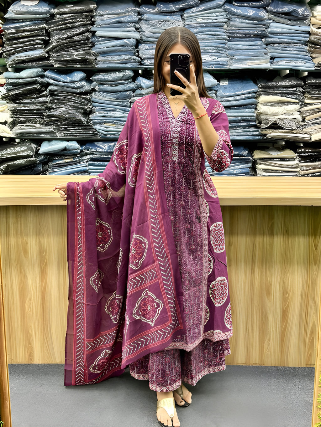 Hand Block Printed Cotton A-Line Plazo Set with Dupatta — Three-Piece Ensemble Featuring Hand Work and Lace Detailing