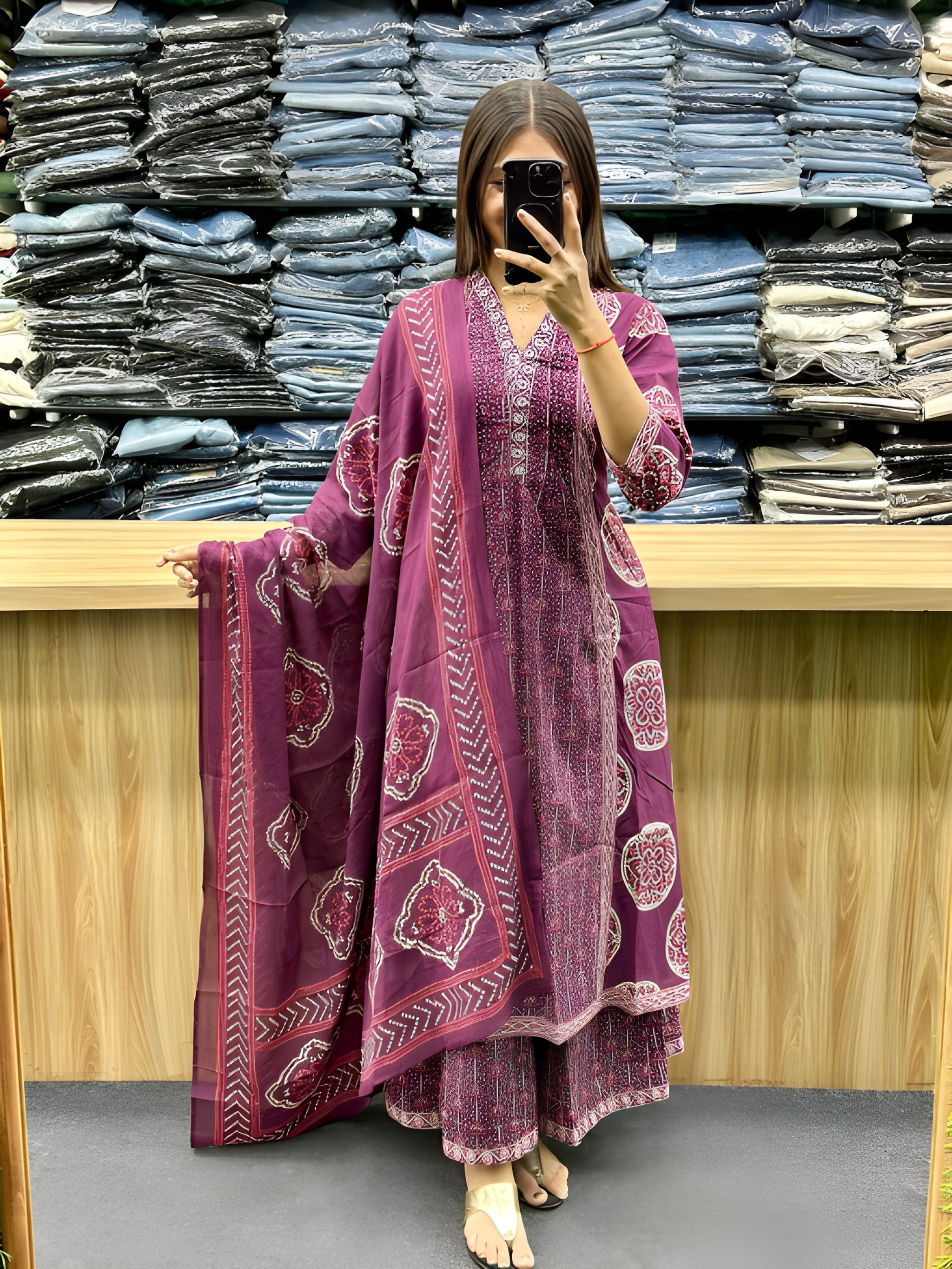 Hand Block Printed Cotton A-Line Plazo Set with Dupatta — Three-Piece Ensemble Featuring Hand Work and Lace Detailing